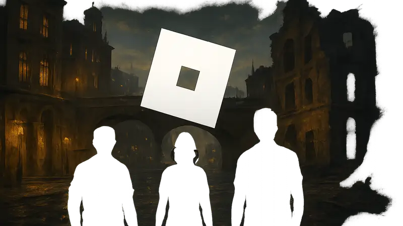 Логотип Roblox на фоне скриншота «взрослой» игры с высоким удержанием игроков.