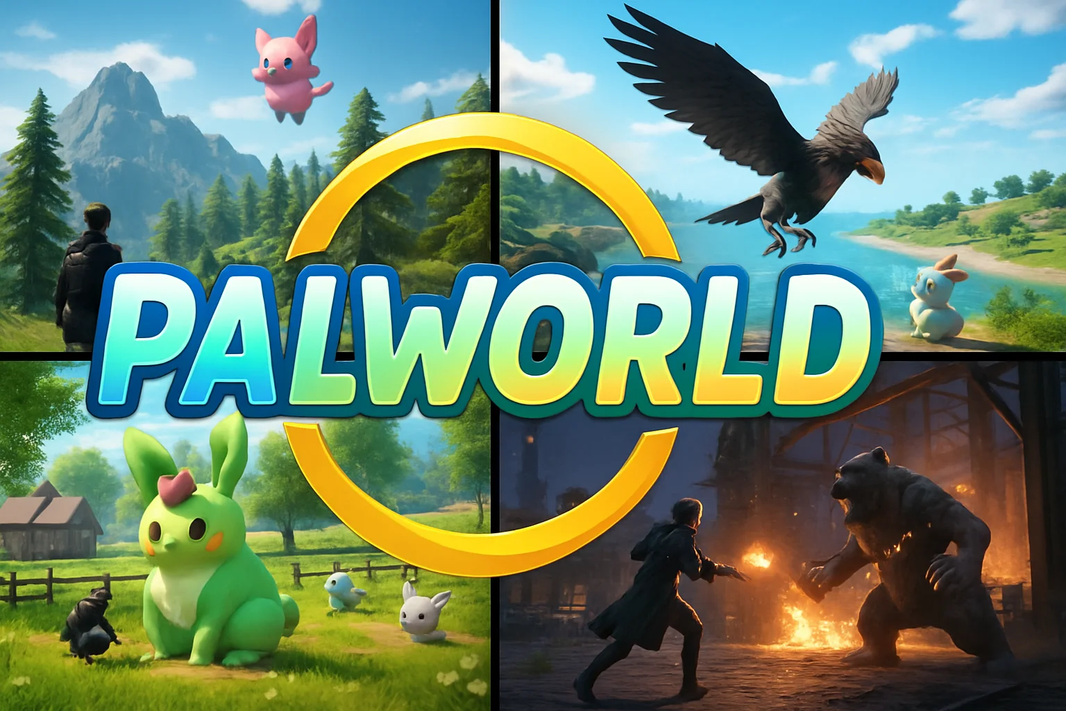 Логотип Palworld на фоне скриншотов из игры, отражающий два года существования и развития.