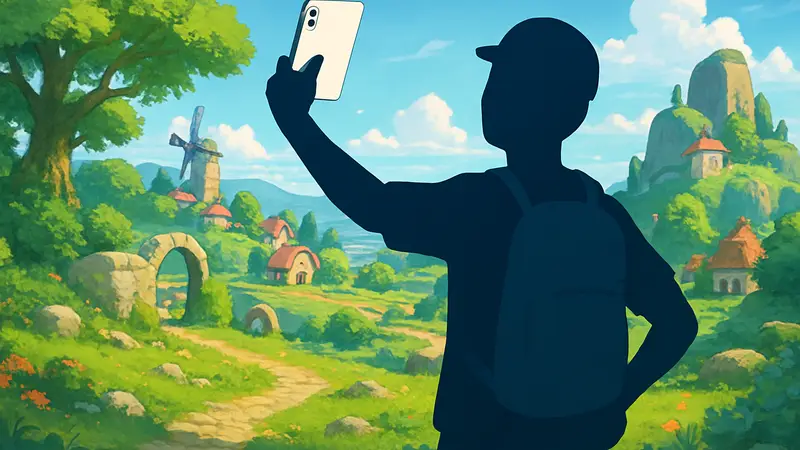 Персонаж из игры Pokopia делает селфи на фоне игрового мира, демонстрируя фоторежим