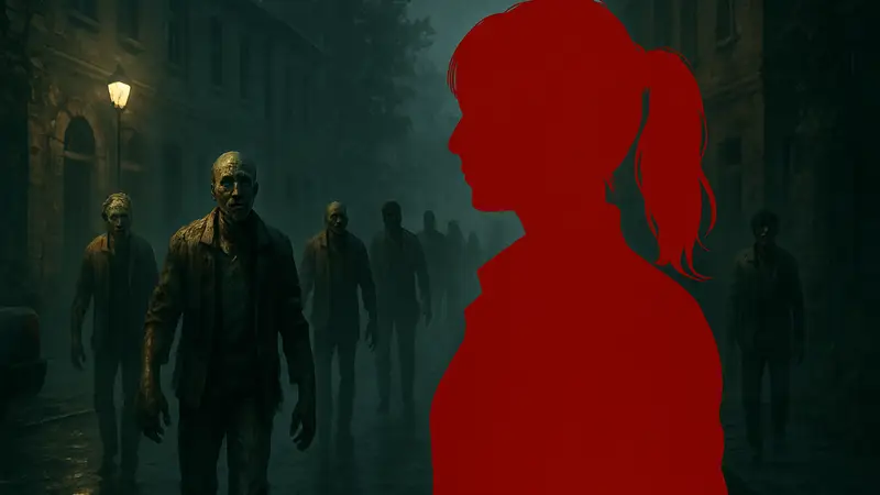 Клэр Редфилд из Resident Evil, крупный план, на фоне зомби.