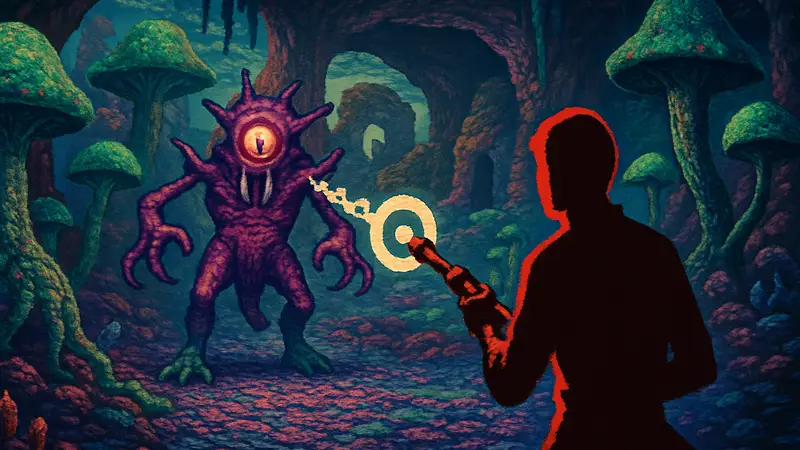 Скриншот из игры ChainStaff: психоделический инопланетный шутер с ретро-графикой.