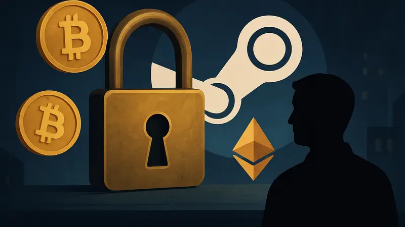 Замок на фоне логотипа Steam и криптовалют, символизирующий кражу данных.