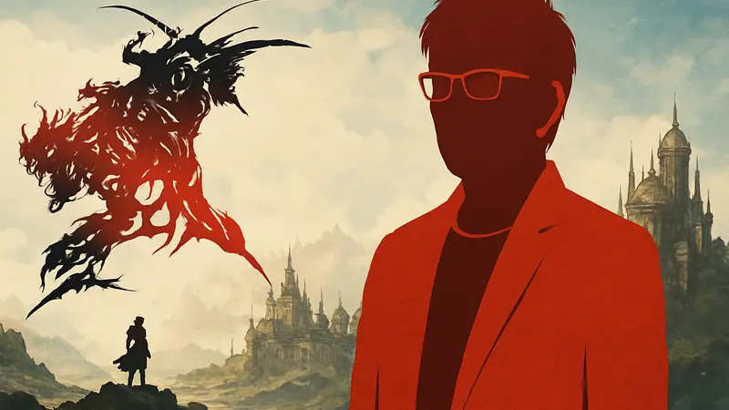 Наоки Есида, создатель Final Fantasy, на фоне логотипа Final Fantasy VI