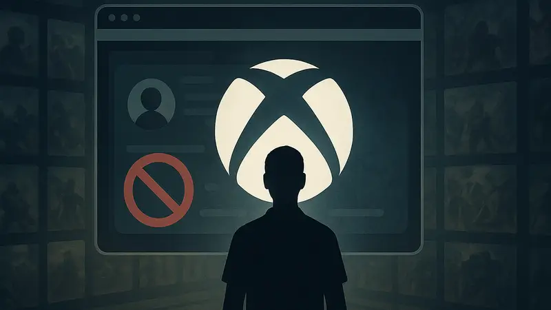 Логотип Xbox на фоне удалённого пользовательского аккаунта и библиотеки игр.