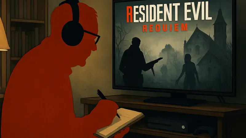 Пожилой геймер с блокнотом, играющий в Resident Evil Requiem