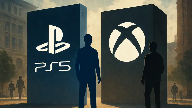 Логотипы PlayStation 5 и Xbox Series X рядом, символизирующие конкуренцию и доминирование.