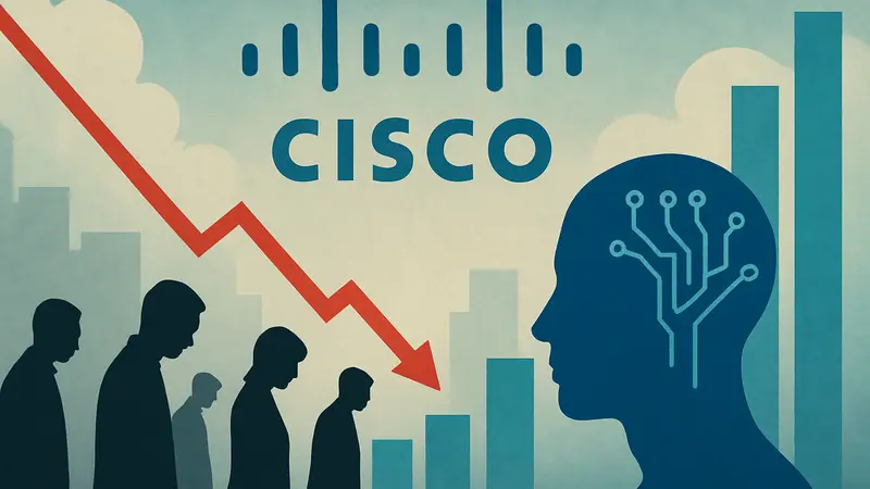 Логотип Cisco на фоне диаграмм, символизирующих сокращение рабочих мест и инвестиции в ИИ