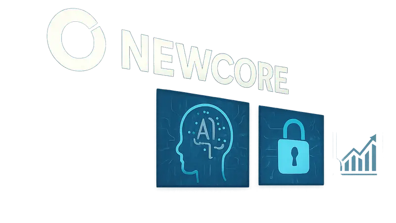 Логотип NewCore рядом с символами искусственного интеллекта и кибербезопасности. Стартап, ИИ, инвестиции.
