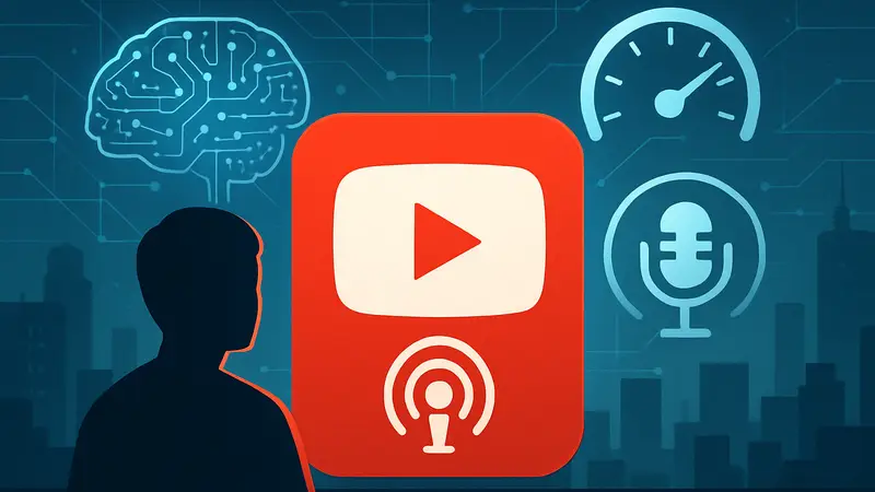 Иконка YouTube с символом подкастов и элементами ИИ, показывающими новые функции.