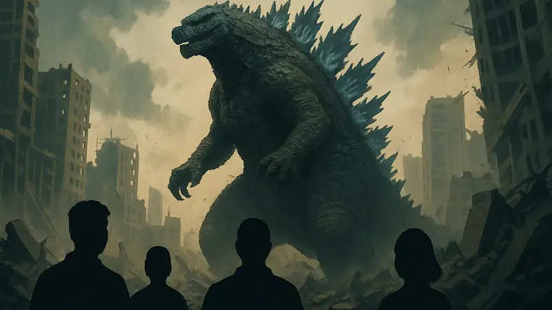 Король Монстров Годзилла на фоне разрушенного города, кадр из фильма или игры, обзор лучших кроссоверов