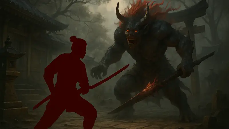 Изображение персонажа из Nioh 3 в процессе боя с демоном, демонстрирующее его снаряжение и готовность к битве.