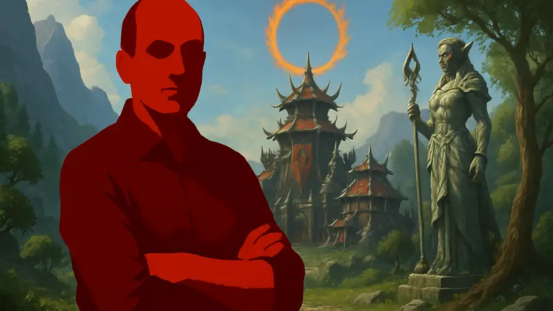 Ион Хаззикостас, директор World of Warcraft, на фоне игрового мира