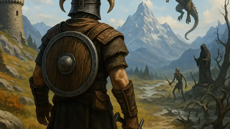 Изображение игрока, сталкивающегося с трудностями в открытом мире RPG, похожей на Skyrim.