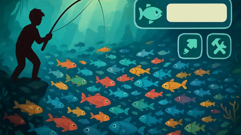 Игровой процесс Fish them All! с множеством рыб и элементами интерфейса.