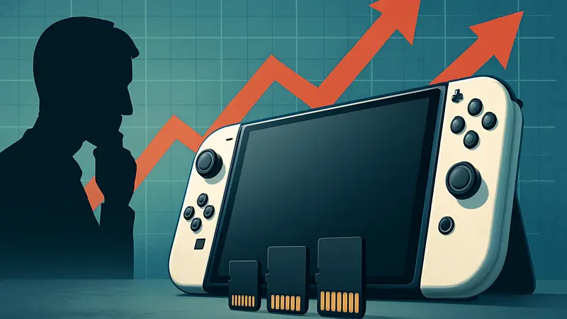 Консоль Nintendo Switch 2 (концепт) с карточками памяти, на заднем плане графики роста цен.
