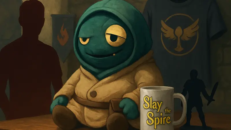 Плюшевая игрушка Торговца из Slay the Spire на фоне других предметов мерча