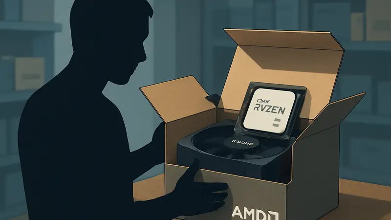 Коробка с кулером AMD, внутри которой виден процессор AMD Ryzen 5.