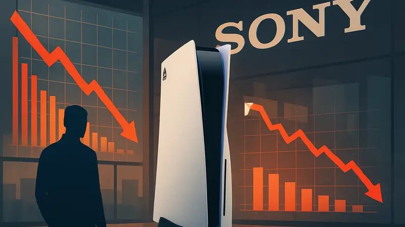 Снижение продаж PS5: консоль PlayStation 5 на фоне падающих графиков и логотипа Sony.