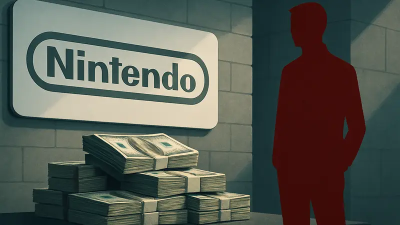 Логотип Nintendo и стопка долларовых банкнот, символизирующая акции