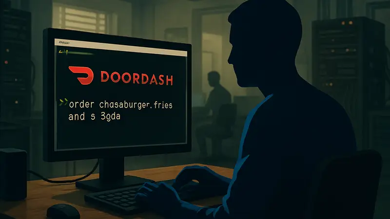 Командная строка с логотипом DoorDash и текстом заказа, символизирующая автоматизацию процессов.