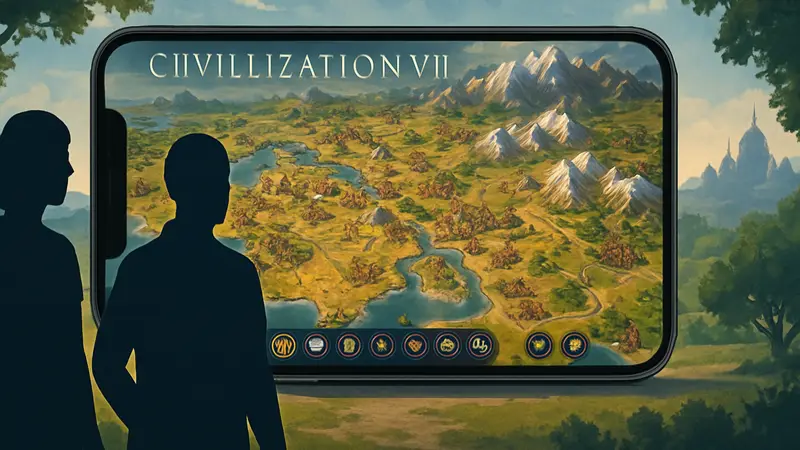 Игровой скриншот Civilization VII на экране iPhone или iPad, демонстрирующий карту мира и элементы интерфейса