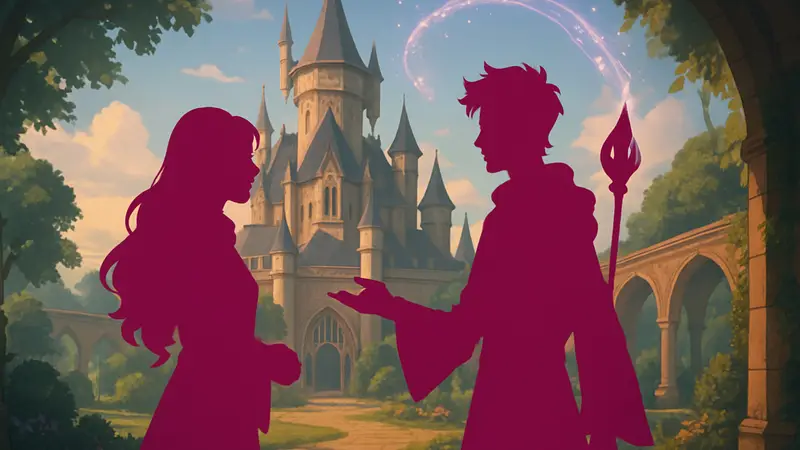 Иллюстрация из игры Love and Magic: Spellfyre с персонажами в магических костюмах, возможно, в романтической обстановке или на фоне волшебной школы.