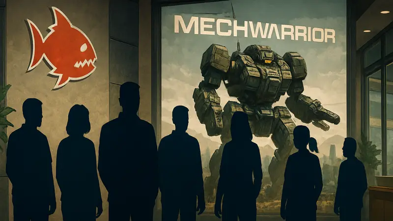 Сотрудники студии Piranha Games на фоне логотипа MechWarrior.