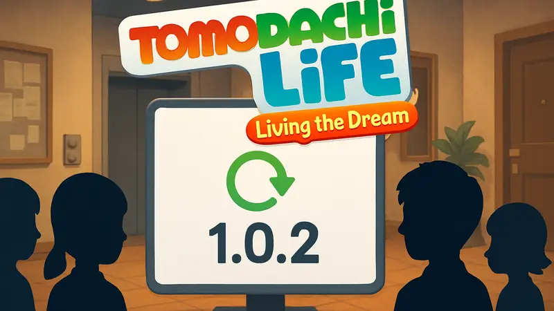 Логотип игры Tomodachi Life: Living the Dream на фоне уведомления об обновлении 1.0.2.