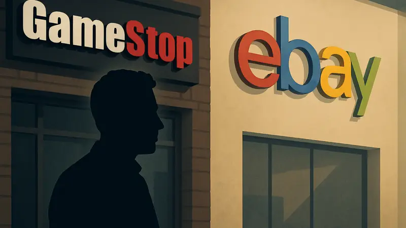 Райан Коэн, CEO GameStop, на фоне логотипов GameStop и eBay