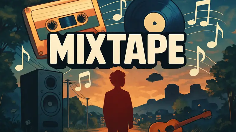 Обложка игры Mixtape с музыкальными элементами, символизирующими важность саундтрека в игровом опыте.