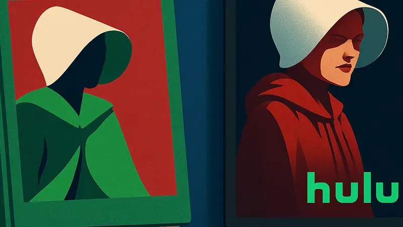 Обложка книги "Заветы" или постер сериала "Рассказ служанки" с символикой Hulu, анонсирующий релиз.