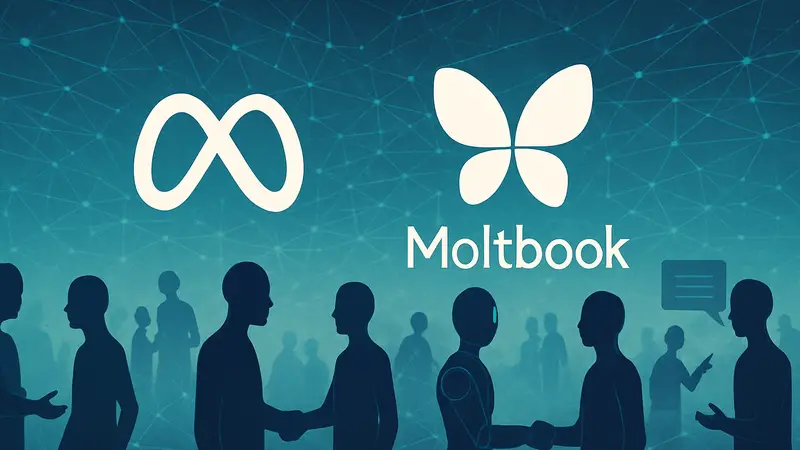 Логотипы Meta и Moltbook, символизирующие сделку по поглощению, ИИ-агенты взаимодействующие в сети.