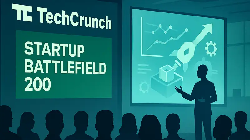 Логотип TechCrunch Disrupt и Startup Battlefield 200 на фоне инновационной презентации стартапа.
