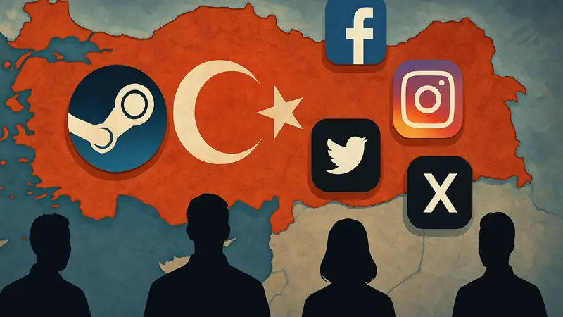 Карта Турции с символами Steam и популярных социальных сетей, обозначающими цифровое регулирование.