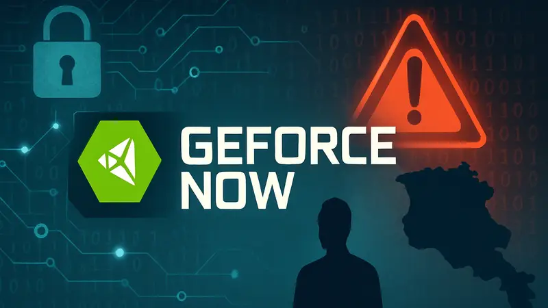 Изображение логотипа GeForce Now на фоне символов кибербезопасности или утечки данных, карта Армении.