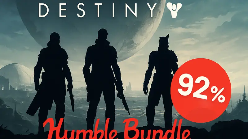 Обложка Destiny 2 с логотипом Humble Bundle и информацией о скидке 92% на дополнения