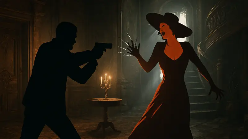 Этан Уинтерс сражается с одной из дочерей Леди Димитреску в Resident Evil Village, демонстрируя уязвимость врага.
