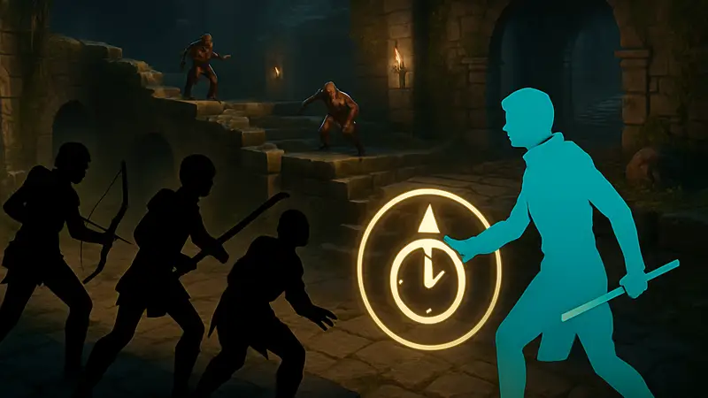 Кадр из игры Solasta, демонстрирующий бой и подготовку действия D&D 5E, с фокусом на интерфейс.