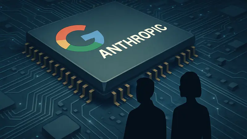 Логотип Google и Anthropic на фоне микросхем, символизирующих ИИ-инвестиции и технологии