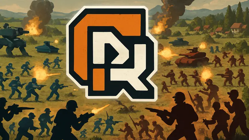 Логотип стратегии DORF на фоне сражения юнитов, демонстрирующих классический РТС-стиль 90-х.