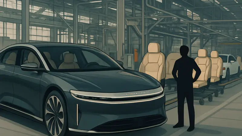 Электромобиль Lucid Air с акцентом на интерьер или производственную линию с сиденьями