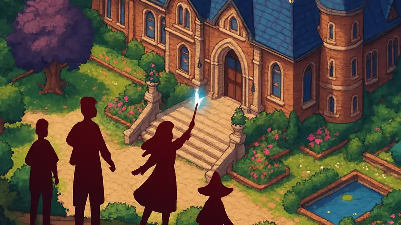 Скриншот из Witchbrook, показывающий пиксельную графику и магическую школу.