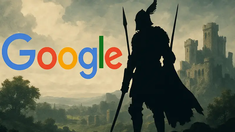 Логотип Google и силуэт рыцаря из Elden Ring, символизирующий сотрудничество в сфере ИИ.
