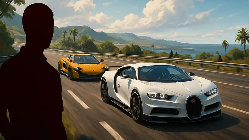 Быстрые спортивные автомобили на трассе из игры The Crew Motorfest, соревнующиеся в гонке