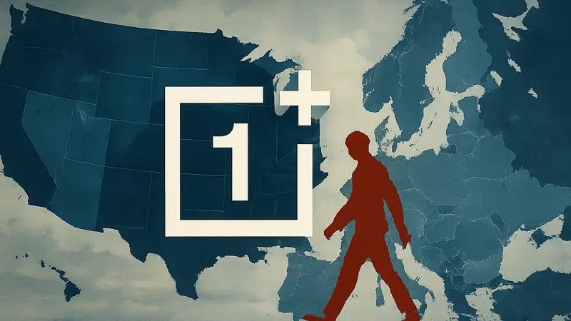 Логотип OnePlus на фоне карты США и Европы, символизирующий уход с рынка.