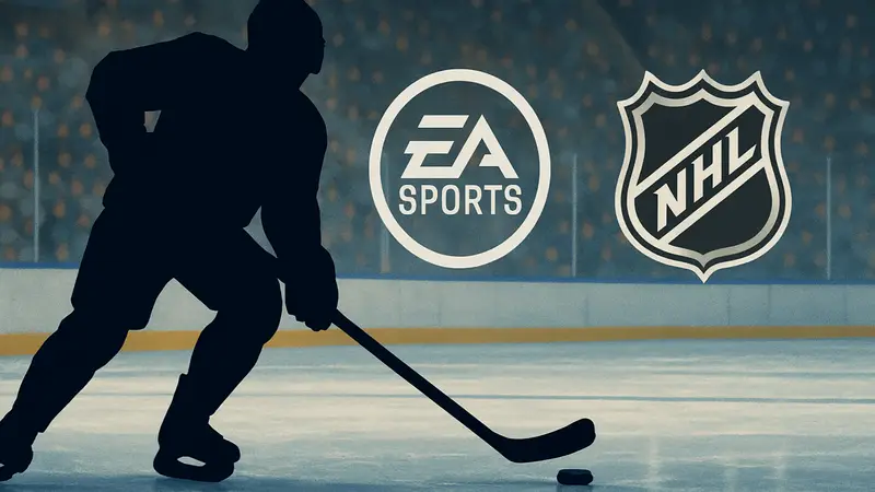 Игровой персонаж хоккейного симулятора на льду, с логотипами EA Sports и NHL.
