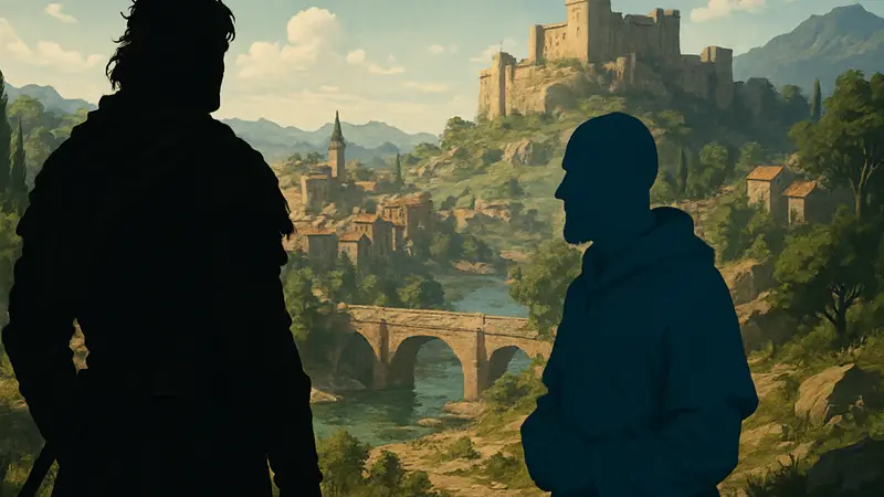 Персонаж Crimson Desert, стоящий рядом с НПС Проксом, на фоне пейзажа игры.