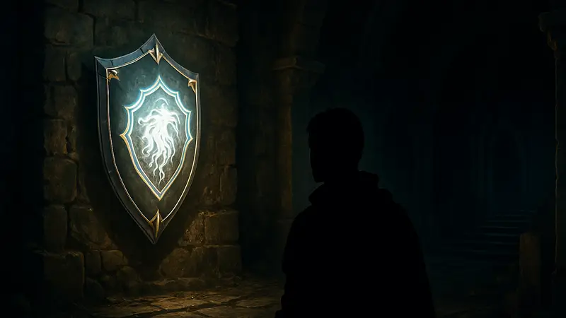 Игровой щит Demeniss Royal Guard в игре Crimson Desert, светящийся в тёмном подземелье.