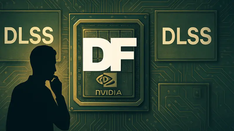Логотип Digital Foundry на фоне чипов NVIDIA и надписей DLSS.