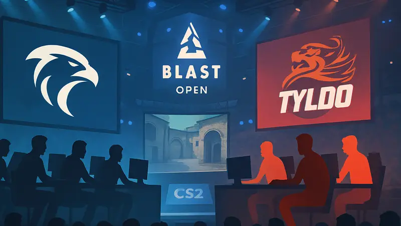Киберспортивные команды Falcons и TYLOO на турнире BLAST Open Rotterdam по CS2. Логотипы команд.